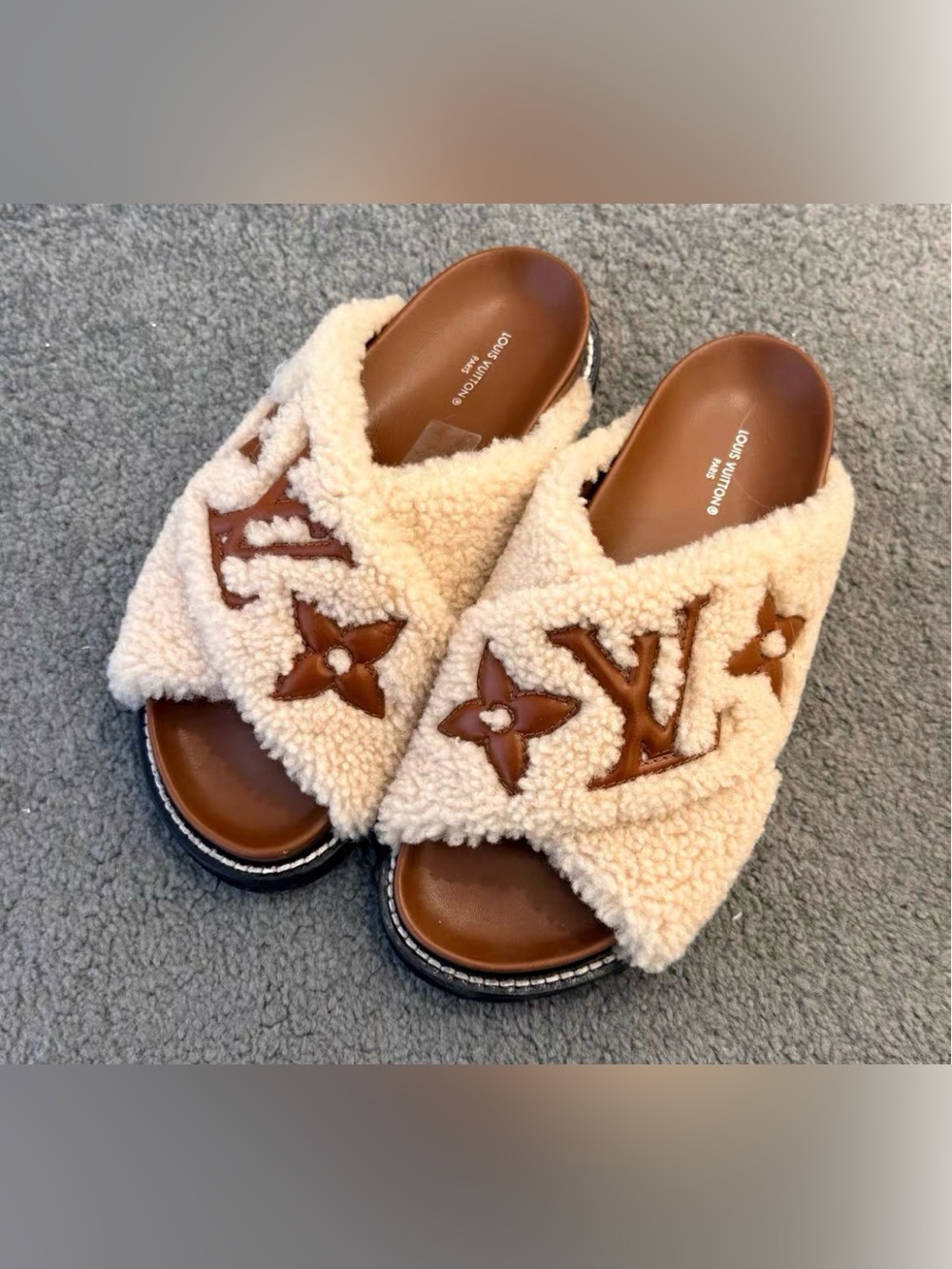 Louis Vuitton Cream Shearling Logo Slide Mules with Brown Trim